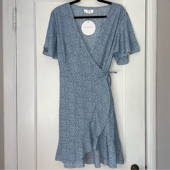 NWT L-XL Blue White Esther&Co Wrap Dress - Picture 3 of 8